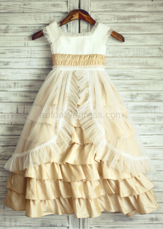 Champagne Taffeta Ivory Tulle Cap Sleeves Flower Girl Dress 